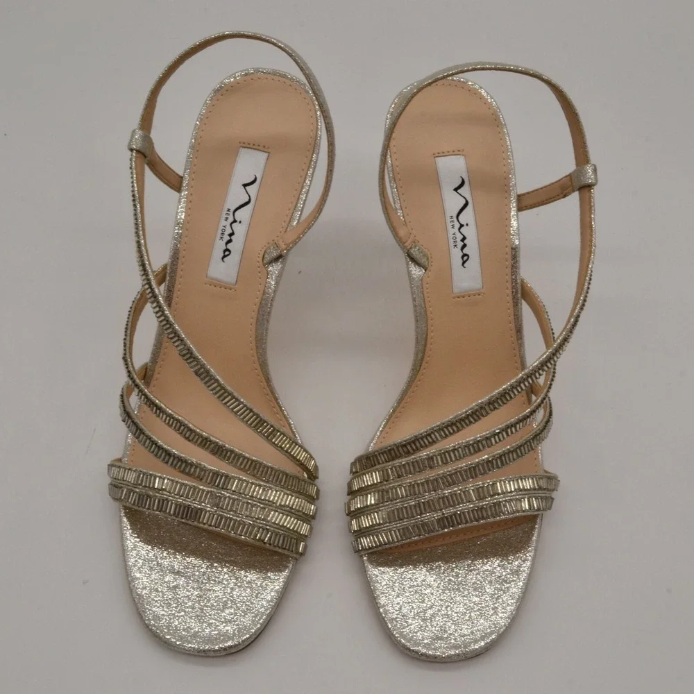 Nina New York Womens Sparkle Strappy Slingback Heels 10 Silver Leather NEW